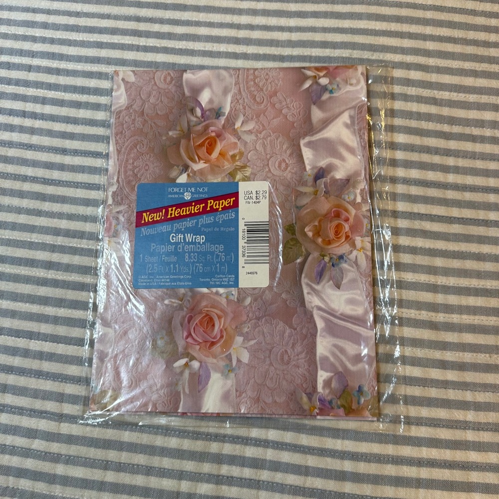Vintage American Greetings Forget Me Not Pink Lace Rose Floral Gift Wrap Sheet
